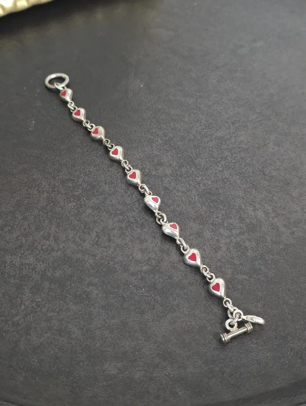 Vintage 925 Sterling Silver Red Enamel Heart Bracele